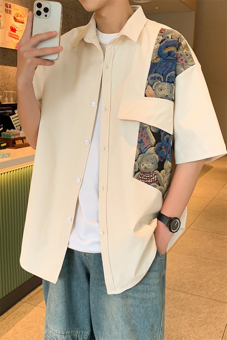 109-C4105-特批40夏季新款港风宽松潮流设计感短袖衬衫,男装T恤,星座109