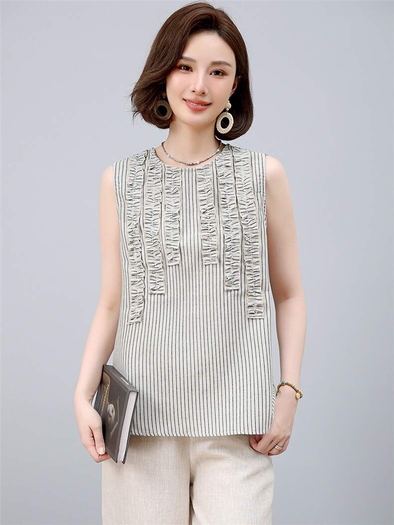 2025年夏季条纹无袖T恤休闲/淑女全棉圆领,女装T恤,小林双子