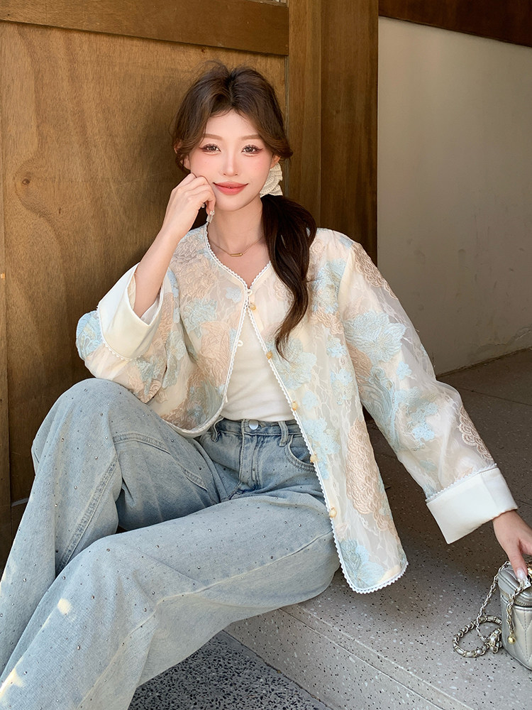 新款上新2025蓝色立体花朵刺绣防晒外套女85076-208A-P170-K255,女装短外套,浙宝208A