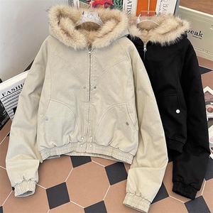 现货高品质美式高街冬季重磅硬挺短款座山雕毛领棉衣男女加厚外套图片