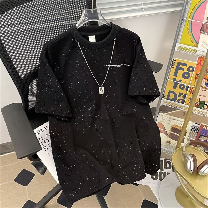 得物品质夏男短袖T恤满天星装饰项链字母印花纯棉T恤衫T05P45,男装T恤,星座1013-1