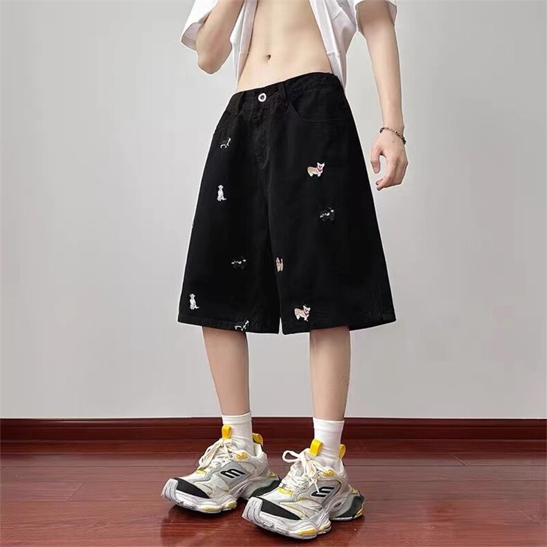 美式小狗刺绣牛仔短裤男夏薄款小众宽松休闲百搭五分裤BM322P45,男装牛仔裤,星座1013-5