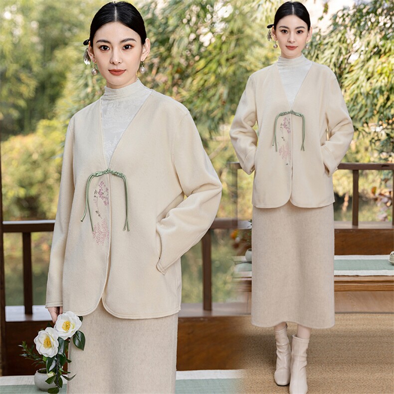 新中式国风禅意女装茶艺师服装改良汉服唐装上衣旗袍外搭开衫，女装毛呢外套，芷墨服饰