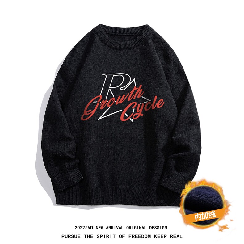 白底秋冬ins字母印花时尚保暖圆领套头毛衣M1058P50加绒60控68-78，男装针织衫/毛衣，电商A247-1