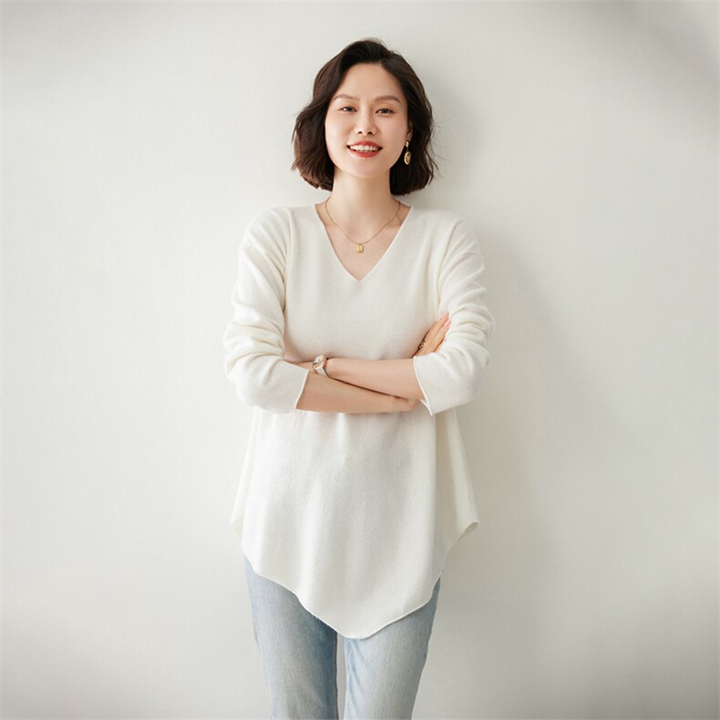 时尚V领不规则下摆女士羊绒衫舒适保暖显瘦设计,女装羊绒衫,迎冬羊绒