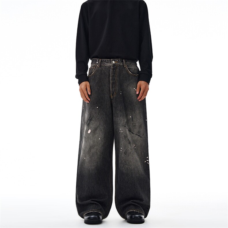 2025秋冬AC家脏染泼墨黑灰色宽松牛仔裤男直筒阔腿潮牌2023m长裤，男装牛仔裤，星座301D-3