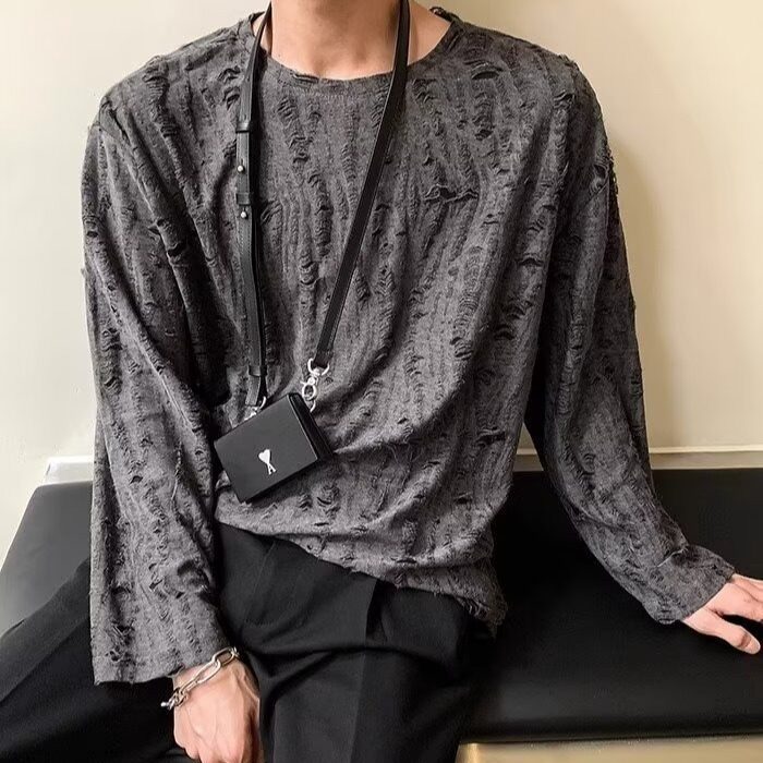 695-P30慵懒风破洞拉丝卫衣男小众宽松长袖t恤松弛感网眼镂空,男装T恤,电商B323A