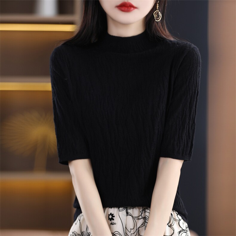 夏季新品100羊毛衫半高领五分袖针织衫女圆领短款高级感打底衫潮图片