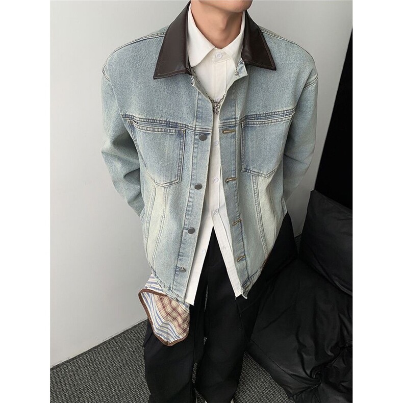 美式pu皮拼接牛仔外套男女春秋冬潮牌街头宽松工装夹克W6683-P75,男装工装外套,星座412-3