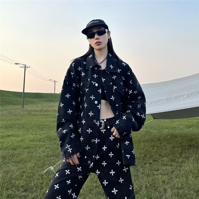 秋季美式复古满印牛仔外套女ins潮欧美街头高级感超好看夹克潮牌，男装夹克，星座1210-1