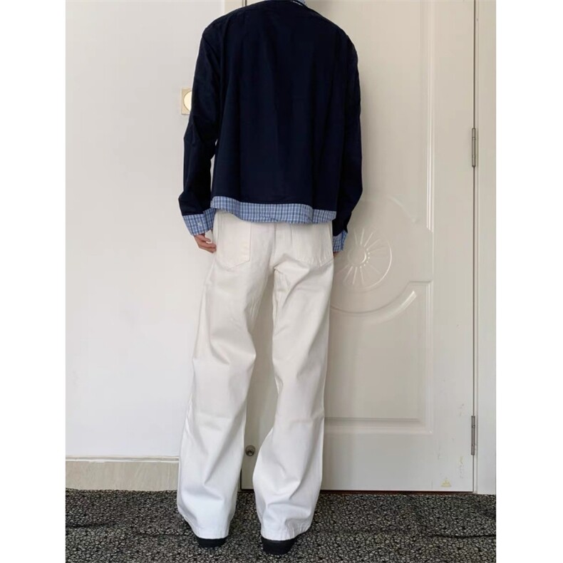 现货蓝色格子拼接翻领长袖上衣情侣款男女假两件衬衫CX03-TP45,男装衬衫,星座910A