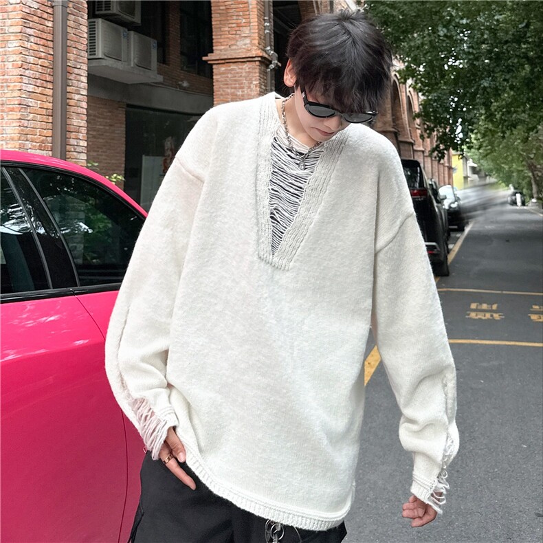 【有货】DM556-P45新款V领破洞流苏长袖针织衫镂空宽松毛衣男潮,男装针织衫/毛衣,星座603-2