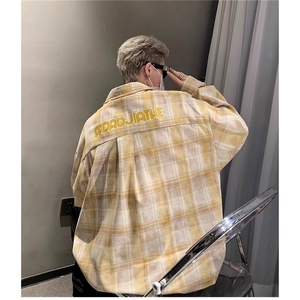 6049-P45 春秋季复古潮流格子长袖衬衫男士上衣休闲刺绣衬衣外套图片