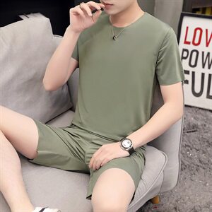 夏季短袖套装t恤圆领无痕短裤男两件套纯色休闲运动深蓝TZ375图片