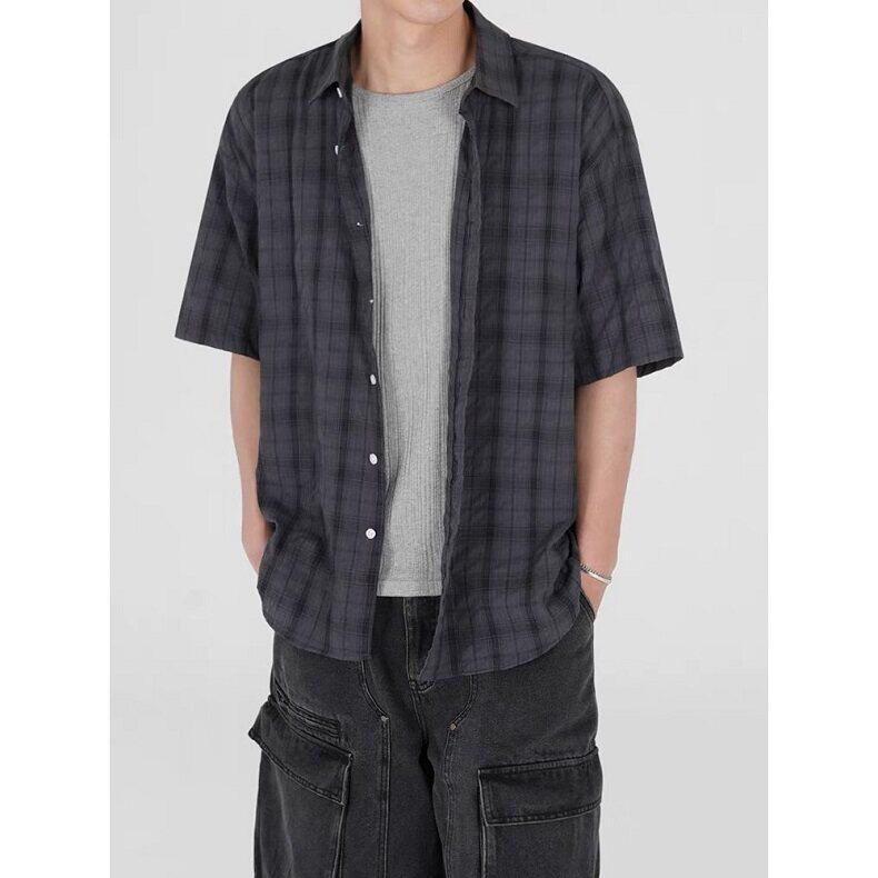 复古格子短袖衬衫男夏季宽松休闲衬衣通勤痞帅半袖上衣CS370，男装T恤，星座1116A（原606A-3）