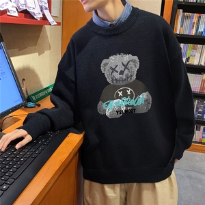 1港风日系宽松休闲情侣套头印花加厚毛衣男外套7687P48加绒P55图片
