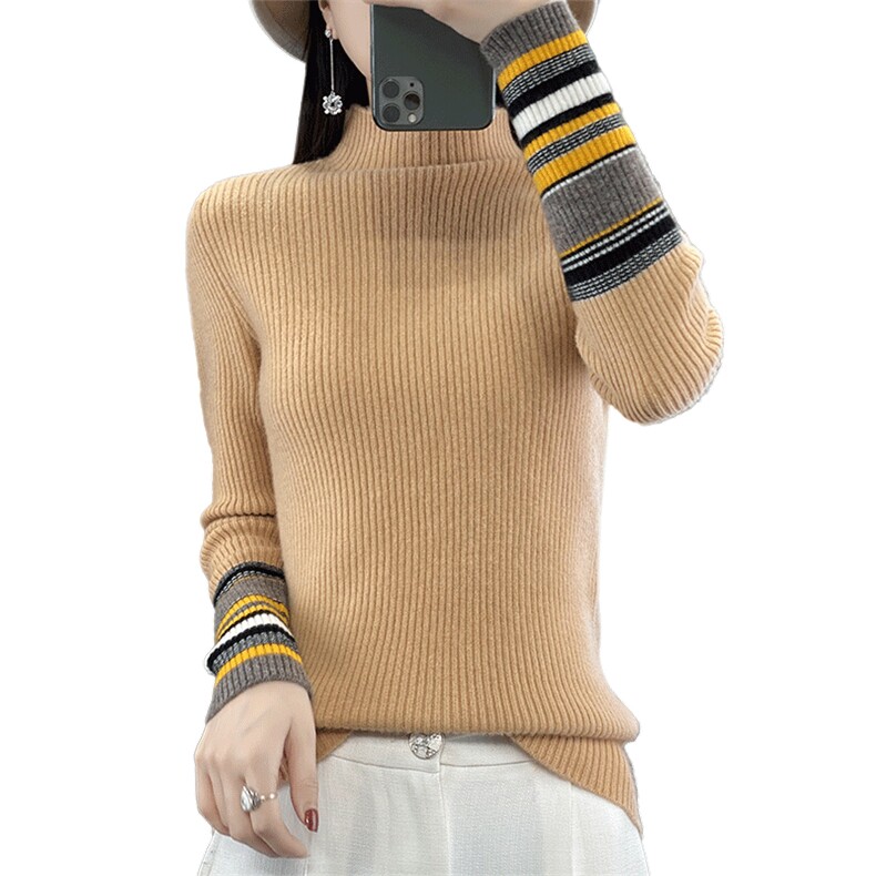 半高领羊毛衫女薄款2024秋冬新款洋气打底衫条纹长袖修身内搭,女装羊毛衫,蒙特羊绒