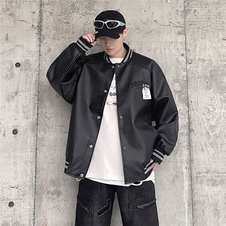 W10726-P60 网图现货 复古刺绣棒球服外套潮牌宽松休闲PU皮衣夹克图片