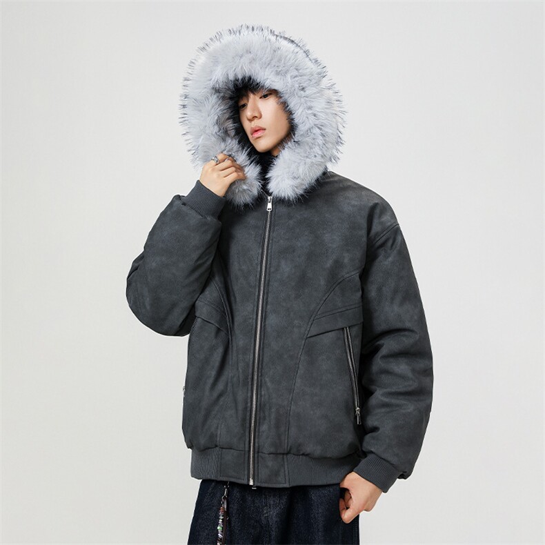 现货扎染PU皮棉服男冬季加厚连帽棉衣座山雕大毛领外套M090-P120,男装棉衣,星座308B-2