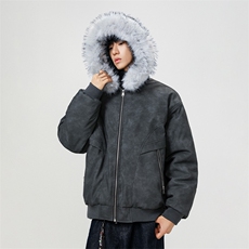 现货扎染PU皮棉服男冬季加厚连帽棉衣座山雕大毛领外套M090-P120，男装棉衣，星座308B-2