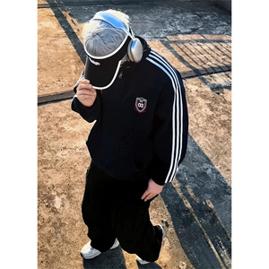 抖音得物美式全棉三条杠立领卫衣半拉链外套印花卫衣A2901