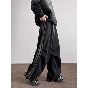 8XL-M美式复古三条杠休闲裤子加绒特大码阔腿卫裤KZ1935P60加70图片