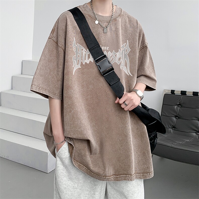 抖音供货、10万现货印花款230克水洗棉短袖T恤D223A-ST2348-P35,男装T恤,电商019-1