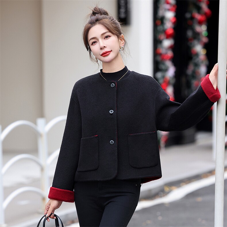 里外撞色双面呢短款外套2026年冬季新款手工双面呢时尚羊毛大衣女,女装双面呢大衣,衣之秀