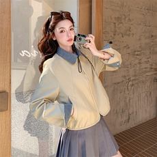 2026春款xian货撞色牛仔领短皮衣2C090-9066-P145-K238，女装皮衣，2C090