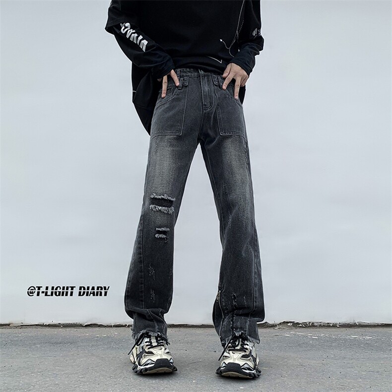 B221美式ins高街小众重工艺拉链破洞牛仔裤LK23016-P65控88,男装牛仔裤,电商B221