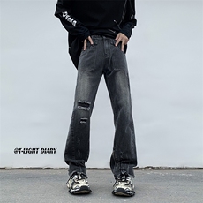 B221美式ins高街小众重工艺拉链破洞牛仔裤LK23016-P65控88，男装牛仔裤，电商B221