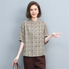 格子棉麻衬衫女夏新款宽松大码休闲短袖妈妈T恤洋气减龄亚麻上衣，女装衬衫，涵誉