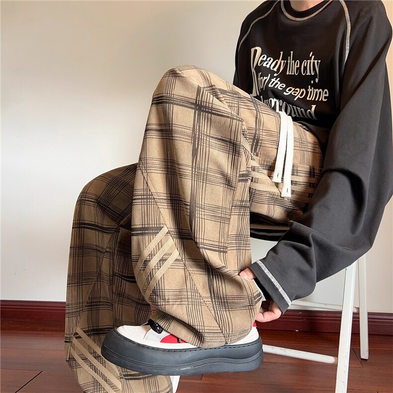 条纹格子裤男春秋美式休闲裤子宽松直筒秋冬阔腿运动裤MK610P40，女装休闲裤，星座1013-5