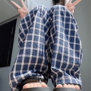 美式高街潮牌男女泡泡格子休闲裤直筒宽松慵懒显瘦阔腿休闲长裤子图片