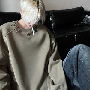 复古oversize垫肩酒红色圆领卫衣男女铆钉设计感小众内搭长袖外套图片
