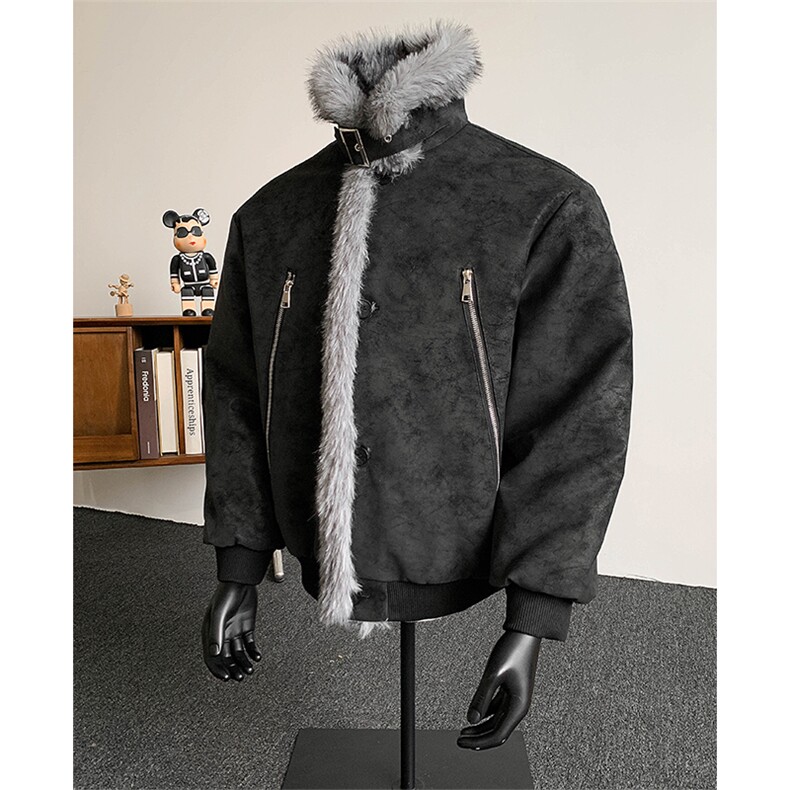 现货~自制雾面座山雕大毛领斜开双拉链设夹克外套棉服MF009P118，男装夹克，星座908