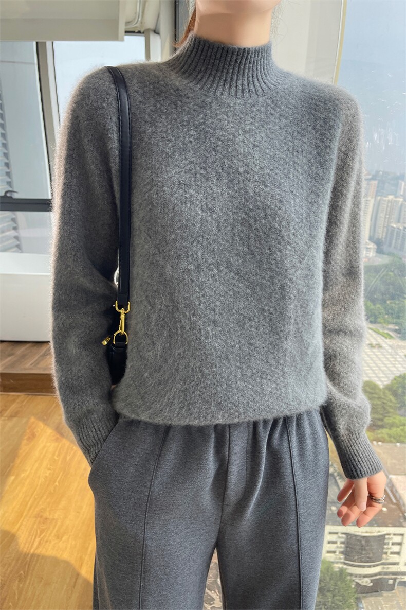 高端软糯提花山羊绒衫女半高领套头毛衣宽松加厚百搭针织打底衫,女装羊毛衫,美轩羊绒