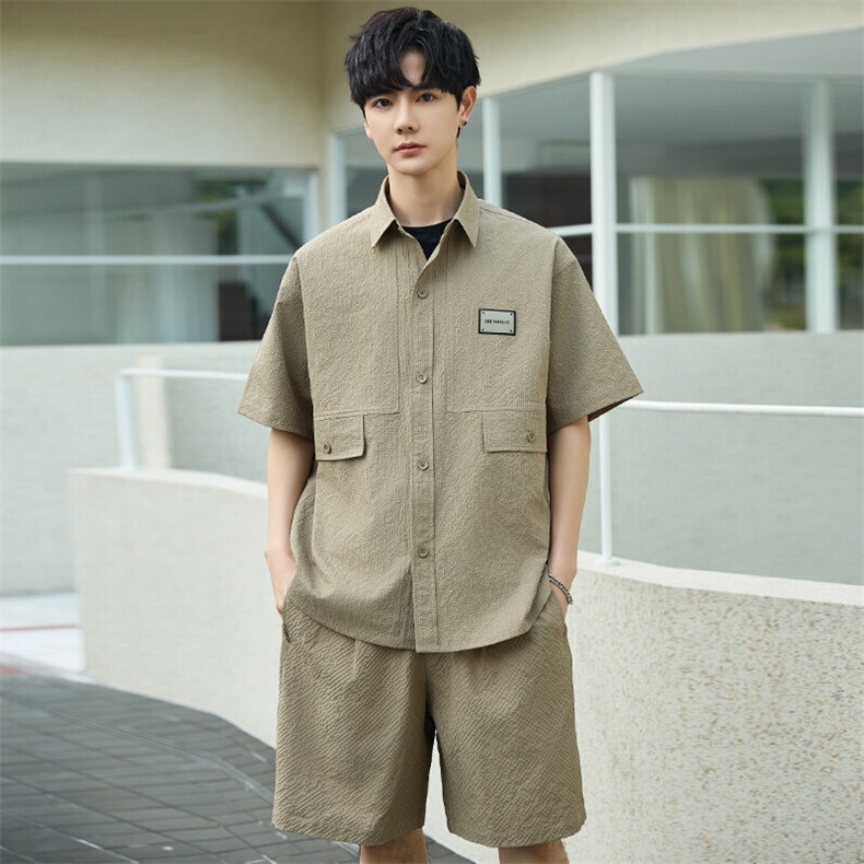 休闲套装男夏季薄款衬衫男士短袖短裤两件套衬衣帅气Y2505-P105,男装休闲套装,电商A355（原A415）