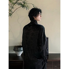春秋改良中式缎面提花复古长袖衬衣男女珍珠扣立领小众个性衬衫男，男装衬衫，星座506A