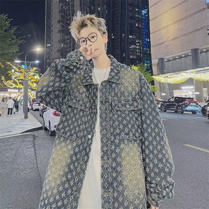 J337提花牛仔夹克男新款休闲美式翻领外套开衫棒球服上衣图片