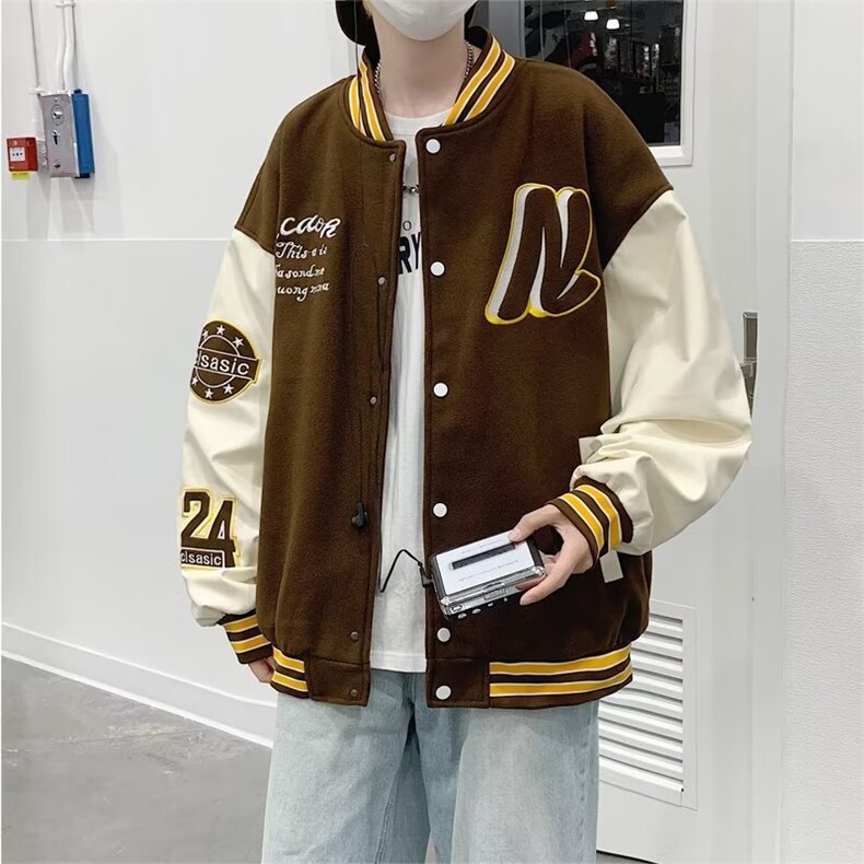 棒球服夹克男日系复古潮宽松休闲港风情侣毛呢拼皮外套W5017-P57,男装夹克,星座512-2