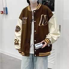 棒球服夹克男日系复古潮宽松休闲港风情侣毛呢拼皮外套W5017-P57，男装夹克，星座512-2