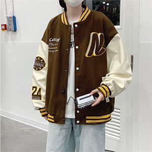 棒球服夹克男日系复古潮宽松休闲港风情侣毛呢拼皮外套 W5017-P57图片