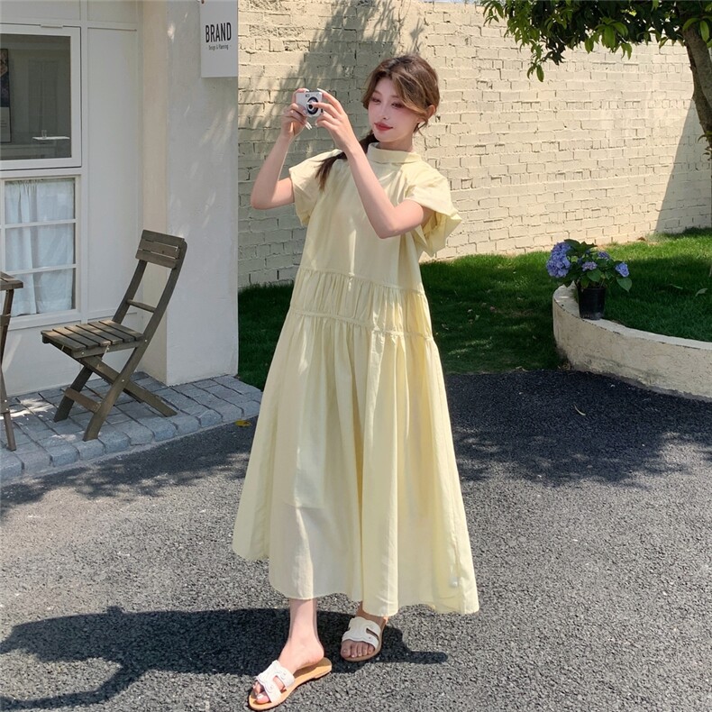 黄色甜美泡泡袖法式桔梗a字长裙女夏季新款女神范气质显瘦连衣裙,女装连衣裙,2C216
