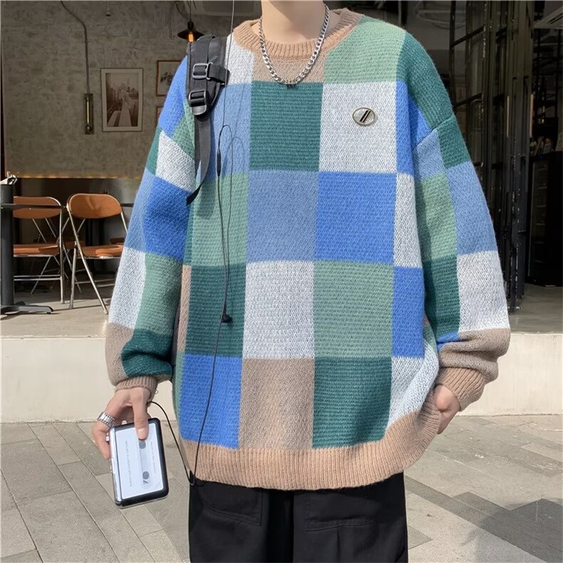 2023秋冬新款美式街头小众设计复古情侣撞色格子Q5021P50图片