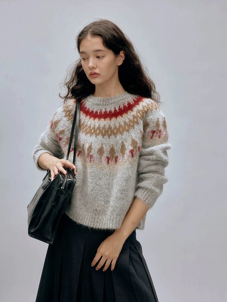 2025年秋季长袖时尚百搭休闲费尔岛提花圆领，女装针织衫/毛衣，织己羊绒
