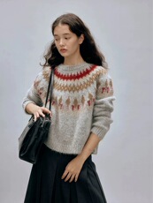 2025年秋季长袖时尚百搭休闲费尔岛提花圆领，女装针织衫/毛衣，织己羊绒