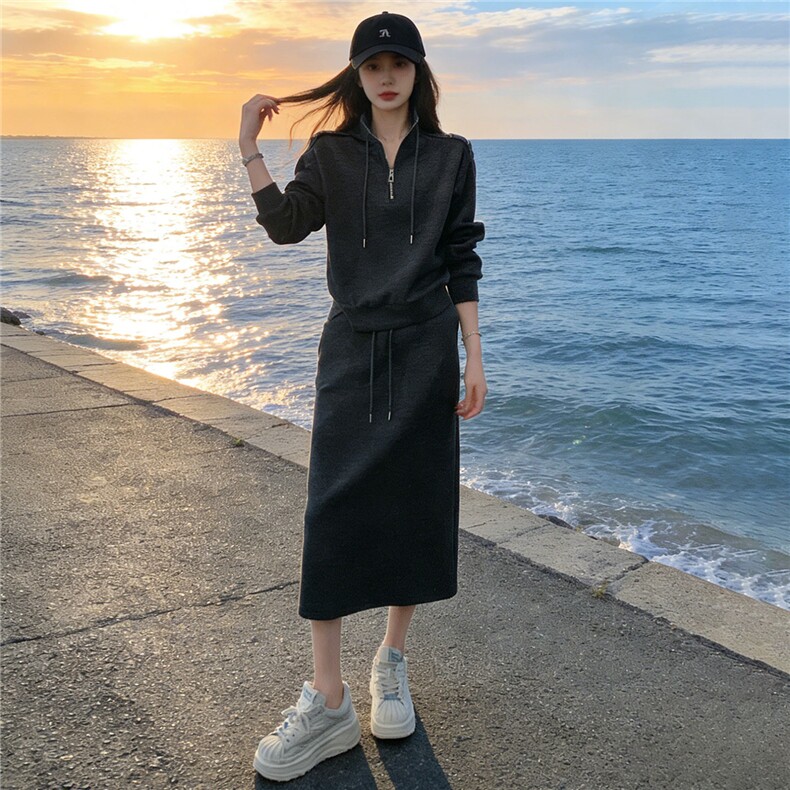 高端气质时尚套装裙女春季新款洋气显瘦立领卫衣修身半身裙两件套,女装套装/套裙,江南