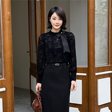 2025秋冬转新款百搭蕾丝法式蝴蝶结长袖小衫高级感上衣打底衫，女装蕾丝衫/雪纺衫，2C091