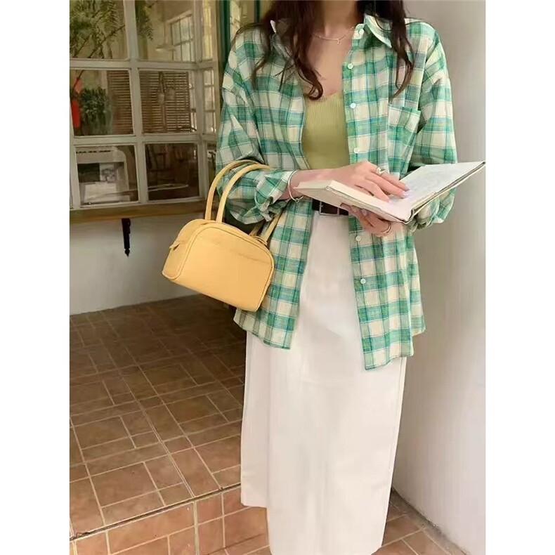 美式复古绿色格子衬衫女早春款多巴胺宽松上衣设计感叠穿衬衣外套，男装衬衫，星座506A